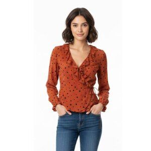Primark Rust Brown OrangePolka Dot Ruffle Blouse Top Tunic Long Sleeve